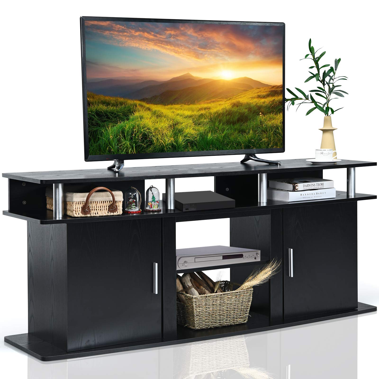 Modern TV Stand for TVs up to 70 Inches, Living Room Console Table w/2 Cabinets & Open Shelves